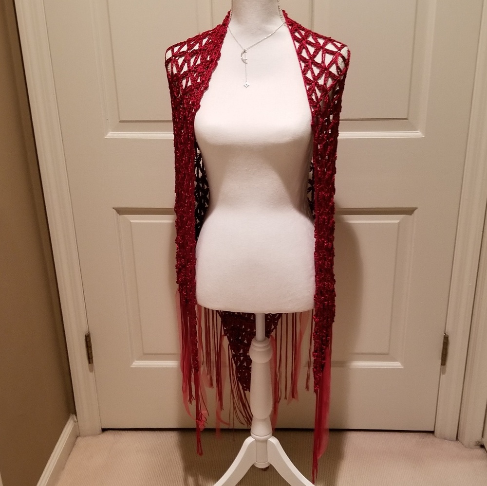 NWT Red Cecilia de Bucourt Hand Crocheted Shawl
